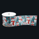 Cute and Cosy Snowman Christmas Satin Ribbon<br><div class="desc">Cute cosy snowmen in warm red scarves and warm knit hats and a pretty green,  red and blue pine tree background.</div>