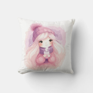 Cute and Cosy Winter Girl Illustration Cushion