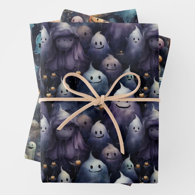 CUTE AND CREEPY GHOSTS GHOULS HALLOWEEN WRAPPING PAPER SHEET (In situ)