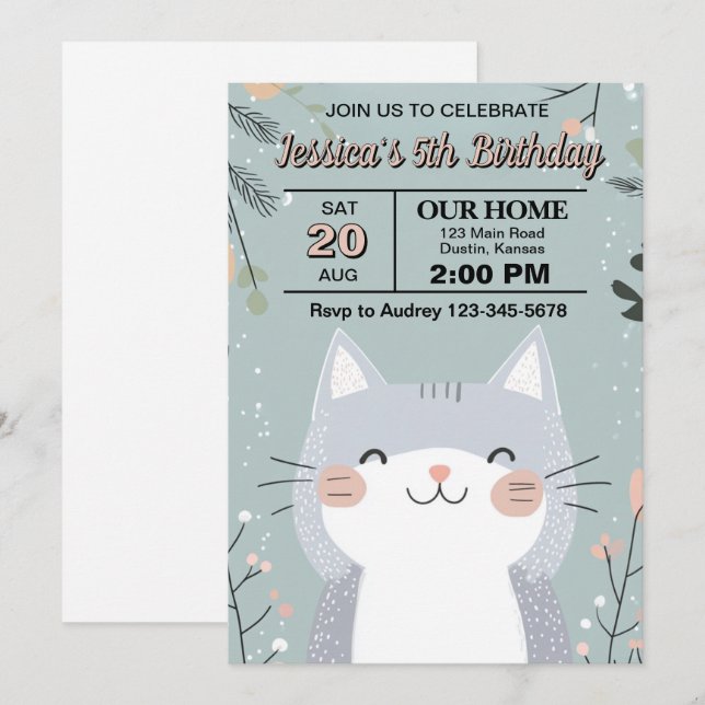 Cute and Cuddly Cat Birthday Party Invitation (Front/Back)