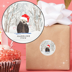 Cute and Cuddly Santa Otter Kid's Name and Year Classic Round Sticker