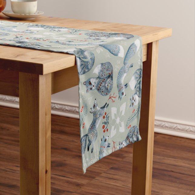 Cute and fancy grey foxes and flowers pattern short table runner (In Situ)