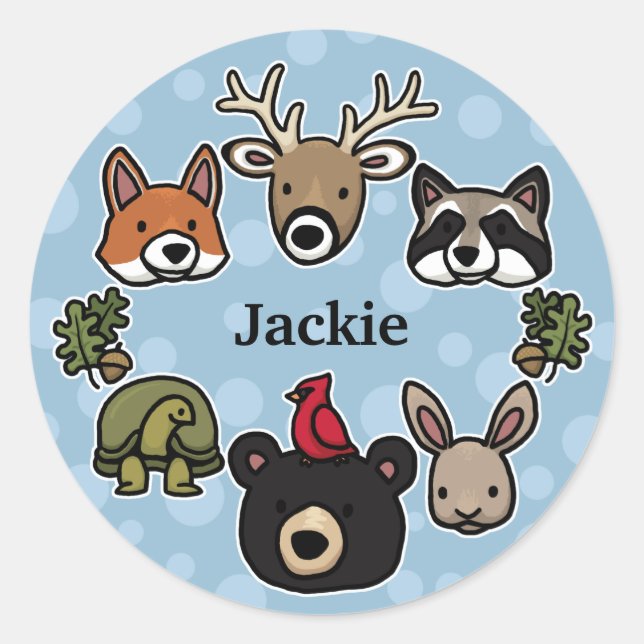 Cute and Friendly Forest Animals, Add Your Name Classic Round Sticker (Front)