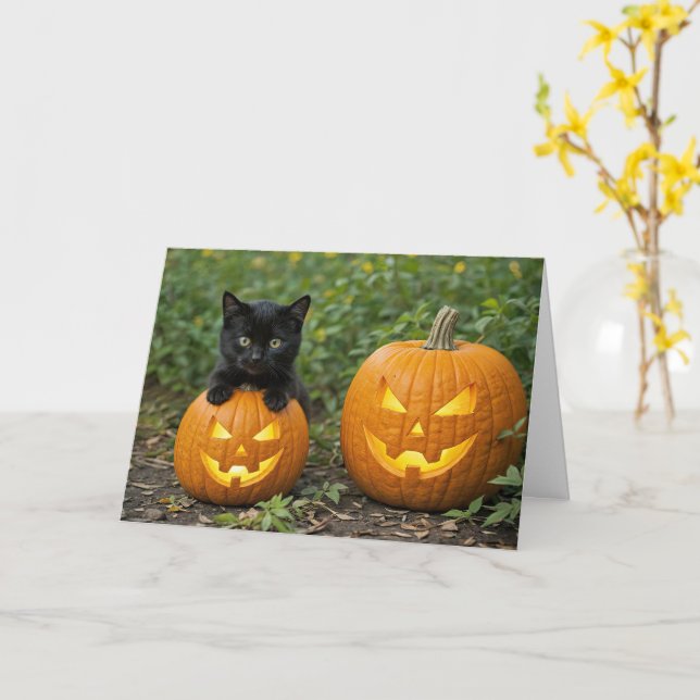 Cute and Fun Black Cat Kitten Halloween Pumpkin Card (Yellow Flower)