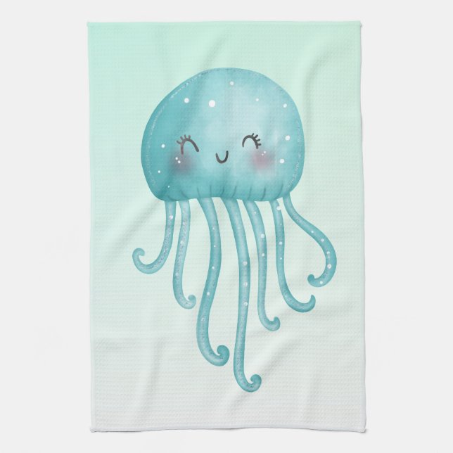 Cute and Fun Blue-Green Jellyfish Tea Towel (Vertical)