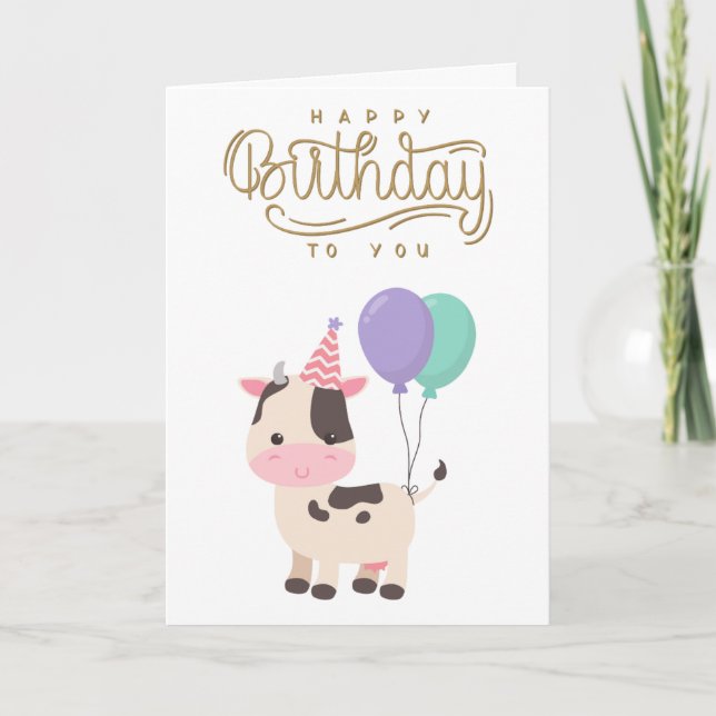 Cute and Fun Cow & balloons Happy Birthday Card (Front)