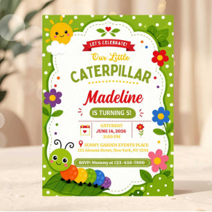Cute and Fun Garden Party Caterpillar Birthday Invitation