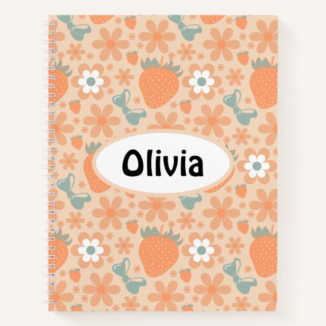 Cute and Fun Pastel Retro Floral and Strawberry Notebook (Front)