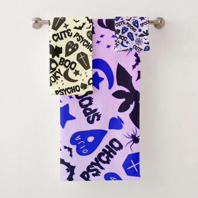Cute and Fun Purple Blue and Black Halloween Bath Towel Set (Insitu)
