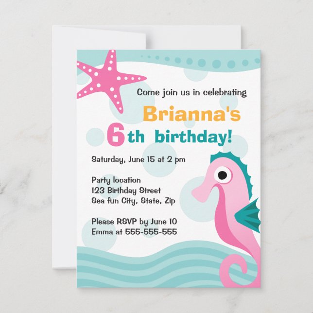 Cute and fun seahorse under the sea birthday invitation (Front)