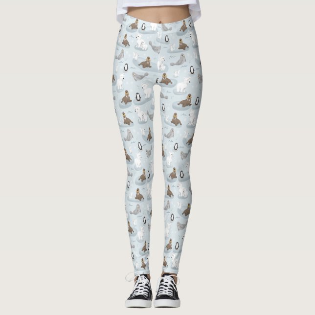 Cute and Fun Winter Polar Bear Pattern Christmas Leggings (Front)