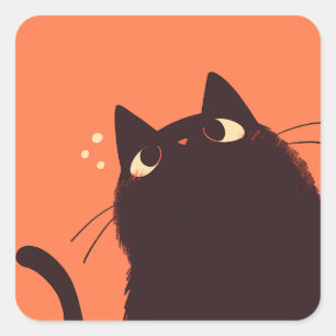 Cute and Funny Black Cat on Orange Background Square Sticker