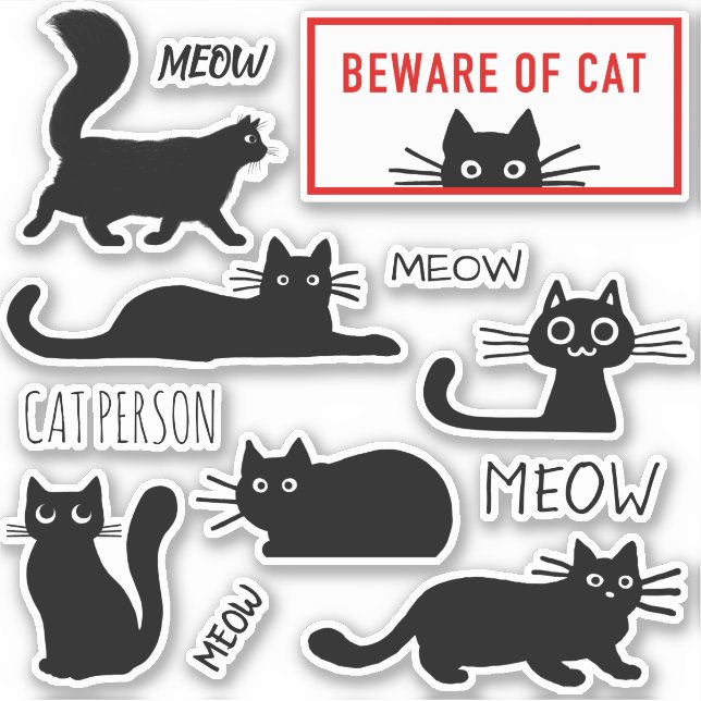 Cute and Funny Black Kitty Cats Vinyl Sticker Set (Front)