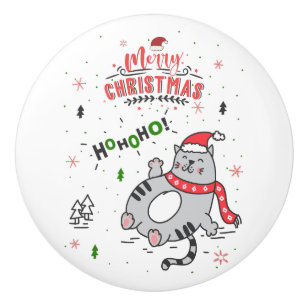 Cute and Funny Cat Christmas joyful Greetings Ceramic Knob