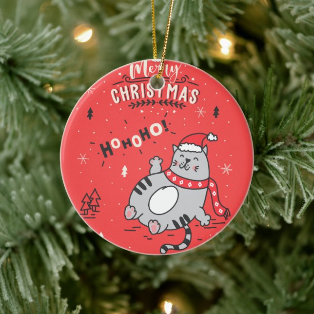 Cute and Funny Cat Christmas joyful Greetings Ceramic Tree Decoration (Tree)