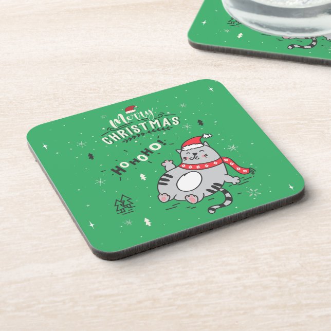 Cute and Funny Cat Christmas joyful Greetings Coaster (Left Side)