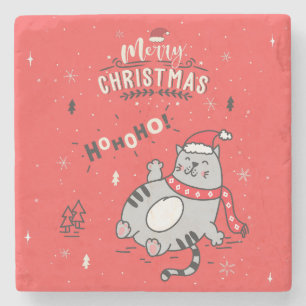 Cute and Funny Cat Christmas joyful Greetings Stone Coaster