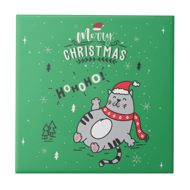 Cute and Funny Cat Christmas joyful Greetings Tile (Front)