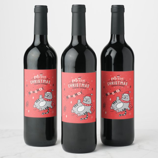 Cute and Funny Cat Christmas joyful Greetings Wine Label (Bottles)