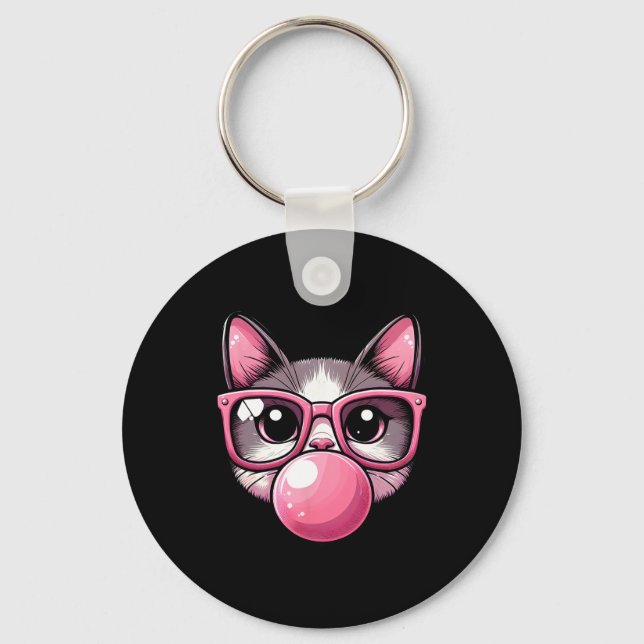 Cute And Funny Cat Pink Sungles And Blowing Bubble Key Ring (Front)