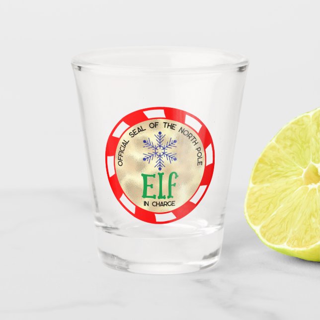 Cute and Funny Christmas Elf in Charge Shot Glass (Front)