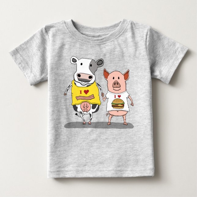 Cute and Funny Cow and Pig Friends Baby T-Shirt (Front)