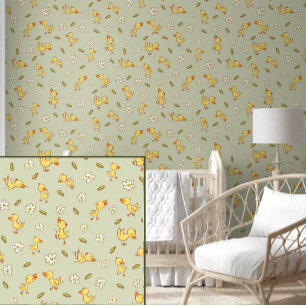 Cute and funny Ducklings on light green Wallpaper