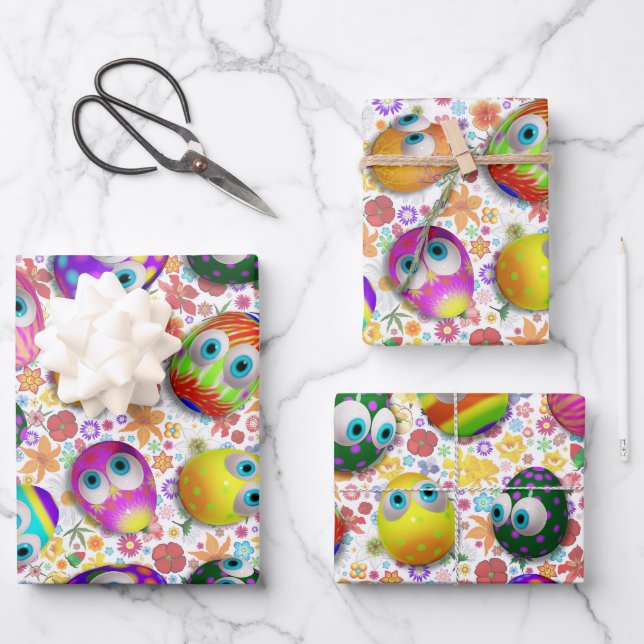 Cute and Funny Easter Eggs Cartoon Wrapping Paper Sheet (Front)