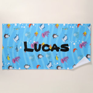cute and funny fish ocean blue Personalised Kids Beach Towel