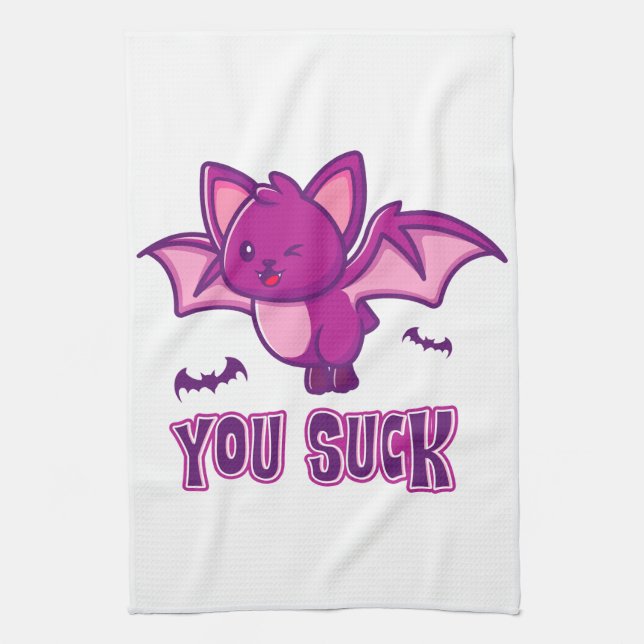 Cute and Funny Halloween Vampire Bats You Suck Tea Towel (Vertical)