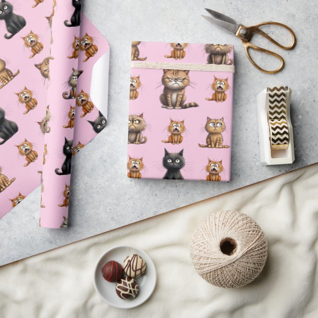Cute And Funny Mad Angry Black, Orange Cat Pink Wrapping Paper (Crafts)