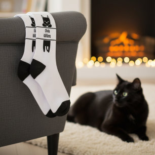 Cute and Funny Minimalist Black Cat Sign with Name Socks