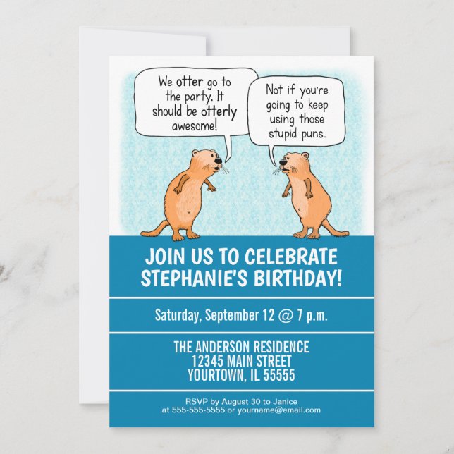 Cute and Funny Otter Puns Birthday Party Invitation (Front)