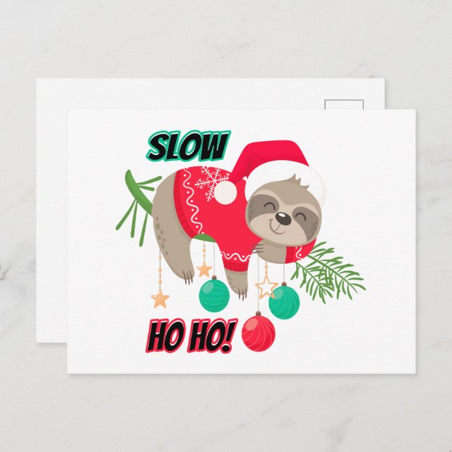 Cute and Funny Santa's Sloth Slow Ho Ho Postcard (Front/Back)