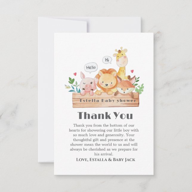 Cute and Funny Woodland Animals Baby Shower  Thank You Card (Front)