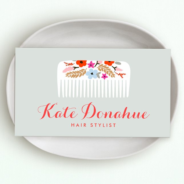 Cute and Girly Hair Stylist Floral Comb Hair Salon Business Card (Creator Uploaded)