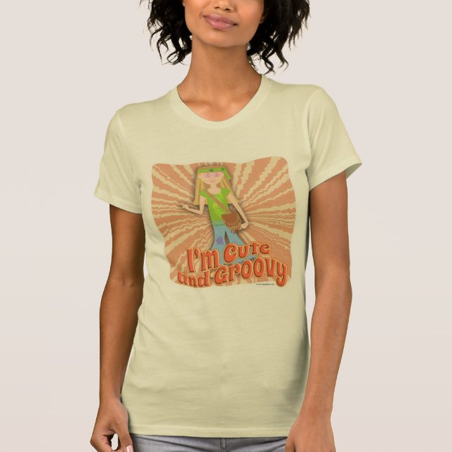 Cute and Groovy Hippie Girl Cartoon Slogan T-Shirt (Front)