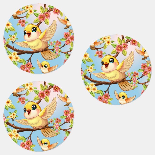 Cute and Happy Birds among Spring Flowers (Group)
