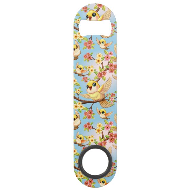 Cute and Happy Birds among Spring Flowers (Front)
