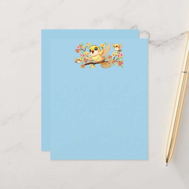 Cute and Happy Birds among Spring Flowers (Front/Back In Situ)