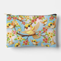 Cute and Happy Birds among Spring Flowers