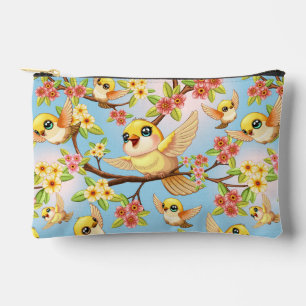 Cute and Happy Birds among Spring Flowers Accessory Pouch