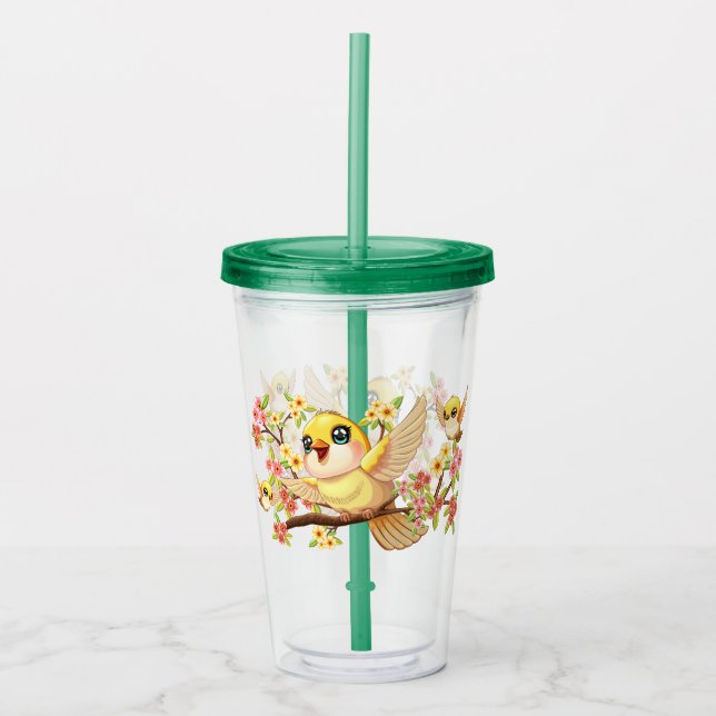Cute and Happy Birds among Spring Flowers Acrylic Tumbler (Front)