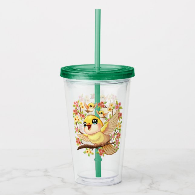 Cute and Happy Birds among Spring Flowers Acrylic Tumbler (Front)