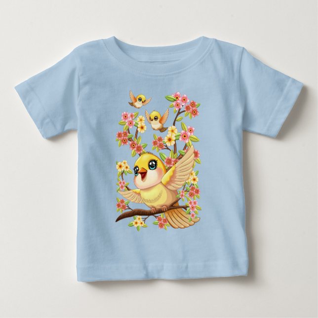Cute and Happy Birds among Spring Flowers Baby T-Shirt (Front)