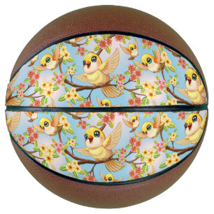 Cute and Happy Birds among Spring Flowers Basketball