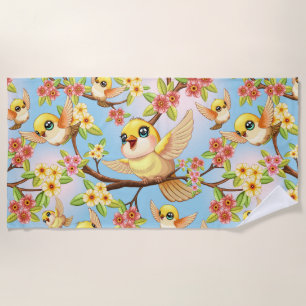Cute and Happy Birds among Spring Flowers Beach Towel