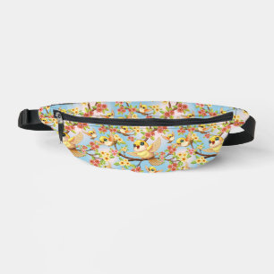 Cute and Happy Birds among Spring Flowers Bum Bags