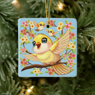 Cute and Happy Birds among Spring Flowers Ceramic Ornament
