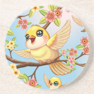 Cute and Happy Birds among Spring Flowers Coaster